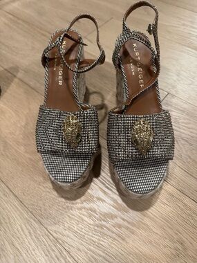Kurt Geiger Brown Tweed Espadrille Wedge Sandals with Gold Emblem